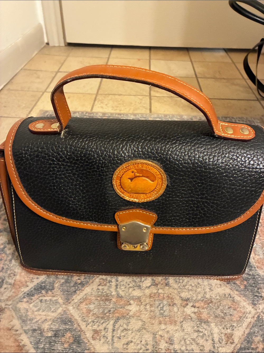 Dooney & Bourke Black Pebbled Leather Top-Handle Satchel with Brown Trim